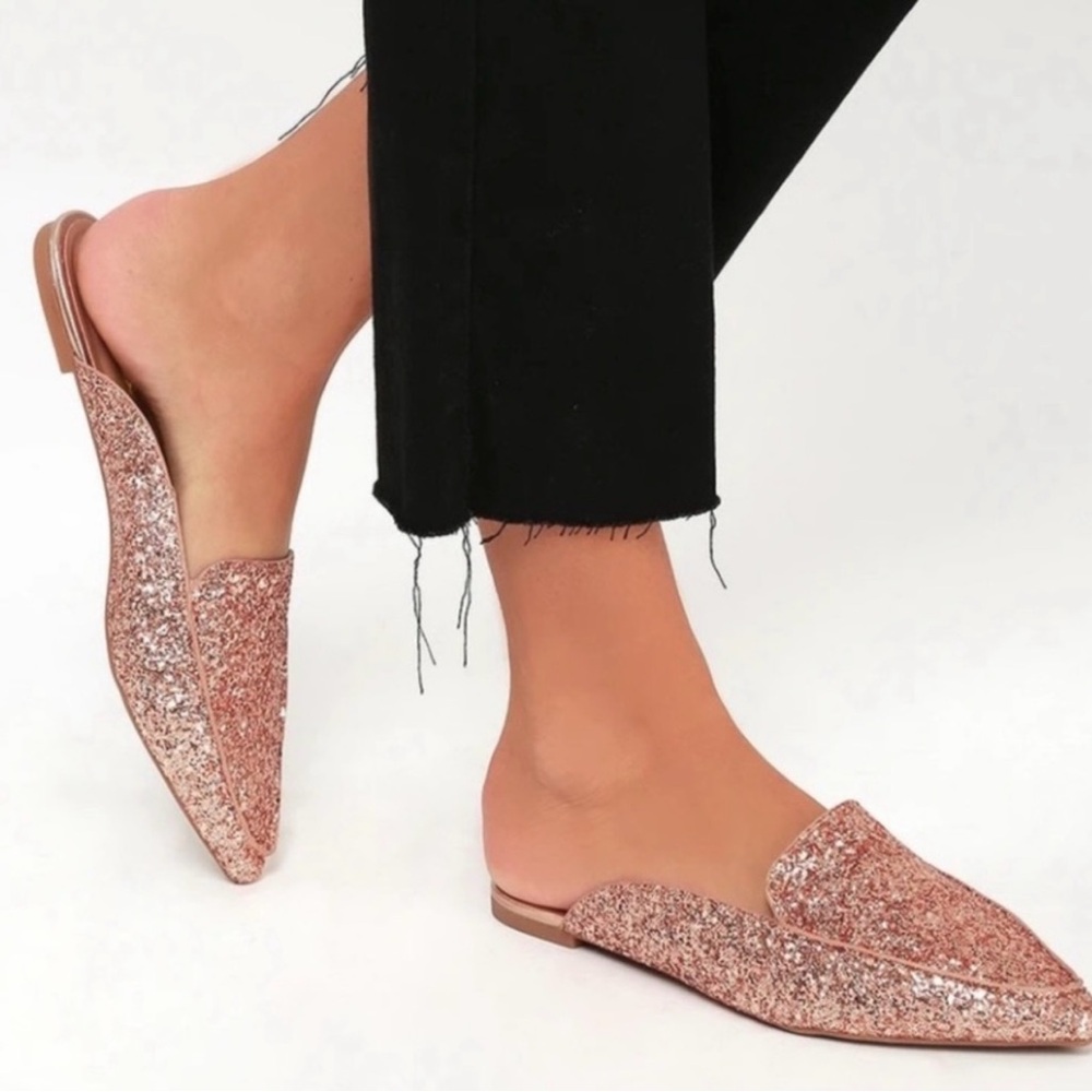 Lulus Joelle Rose Gold Glitter Loafer Slides 8.5
